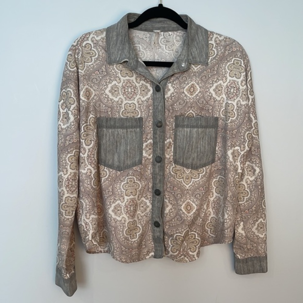 Free People Patterned Aged Denim Button Up - image 6